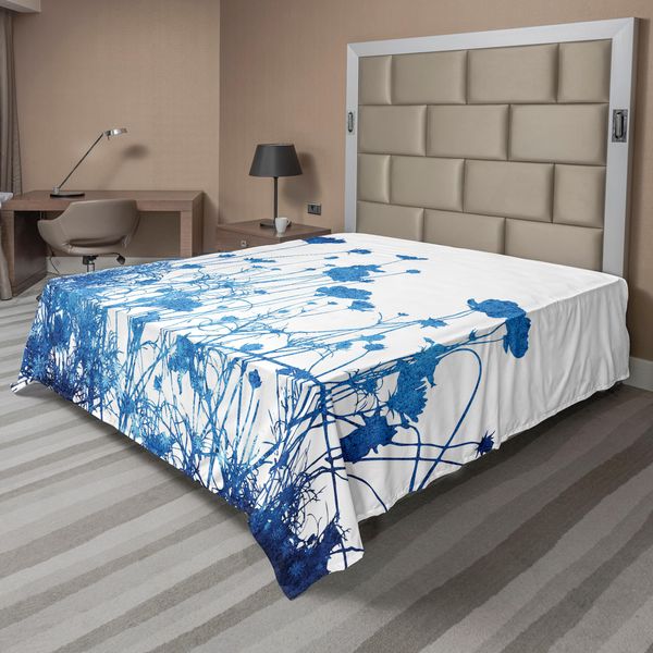 Abakuhaus Lenzuolo Astratto, Silhouette Di Fiori Selvatici Estivi, Erba, Foglie, Illustrazione Stilizzata, Lenzuolo Morbido E Confortevole Per Un Letto Decorativo, 1 Pezzo, 244 Cm X 205 Cm, Blu E Bianco-image