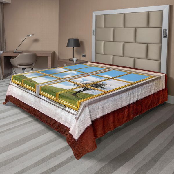 Abakuhaus Lenzuolo Rustico, Prato Con Alberi E Finestra, Paesaggio Rurale, Cottage, Immagine Fiorita, Lenzuolo Morbido E Confortevole Per Un Letto Decorativo, 1 Pezzo, 244 Cm X 205 Cm, Multicolore-image