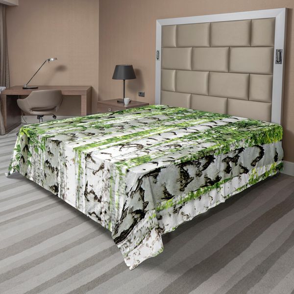 Abakuhaus Lenzuolo Da Letto Bosco, Betulle Nel Bosco Estate Natura Selvaggia All'aperto Con Motto Immagine, Lenzuolo Superiore Morbido E Confortevole Per Un Letto Decorativo 1 Pezzo 244 Cm X 205 Cm, Bianco Verde-image