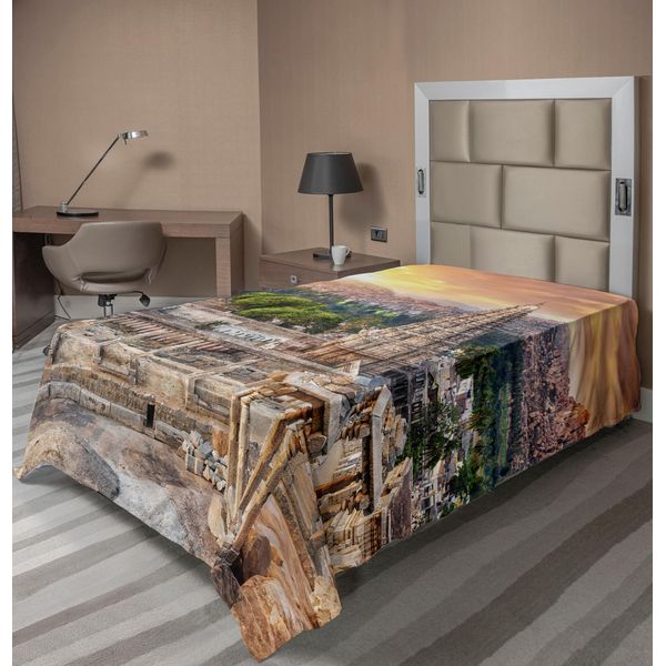 Abakuhaus Lenzuolo Asiatico, Vista Del Tempio Dalle Colline, Tramonto Sulla Città, Edificio Rock Tower, Lenzuolo Morbido E Confortevole Per Un Letto Decorativo, 1 Pezzo, 260 Cm X 168 Cm, Arancione Crema-image