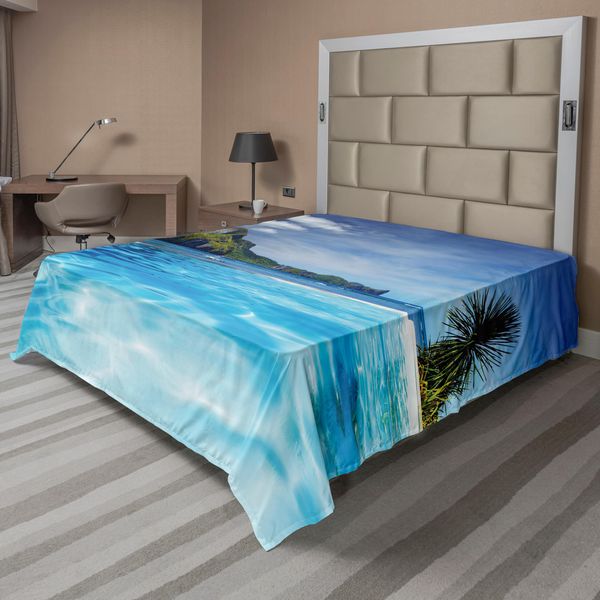Abakuhaus Lenzuolo Con Paesaggio, Paesaggio Con Piscina E Isola Lontana Tema Tropicale Esotico Hawaiano, Lenzuolo Morbido E Confortevole Per Un Letto Decorativo 1 Pezzo 275 Cm X 260 Cm, Verde Turchese-image