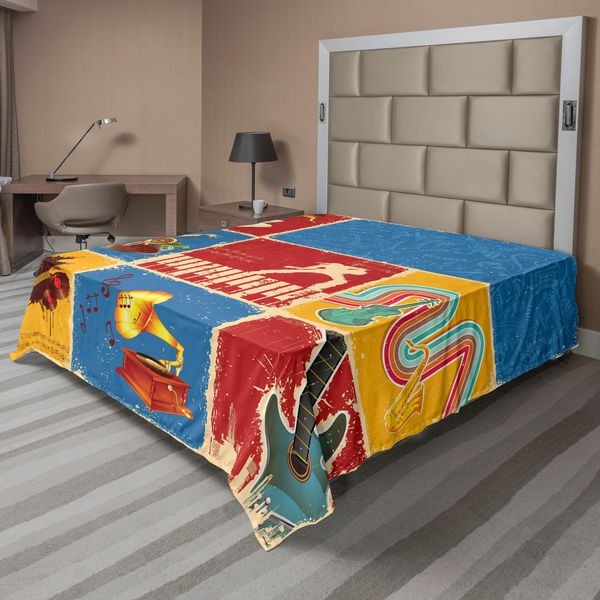 Abakuhaus Lenzuolo Musicale, Illustrazione Collage Retrò Degli Strumenti Chitarra Violino Jazz Pop Art Boho, Lenzuolo Superiore Morbido E Confortevole Per Un Letto Decorativo 1 Pezzo 275 Cm X 260 Cm, Multicolore-image