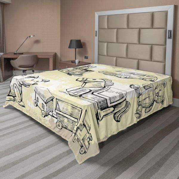 Abakuhaus Lenzuolo Vintage, Illustrazione Di Bambini Anziani Grunge Teddy Bear Train Ball Childhood, Lenzuolo Morbido E Confortevole Per Un Letto Decorativo 1 Pezzo 266 Cm X 260 Cm, Nero Beige-image