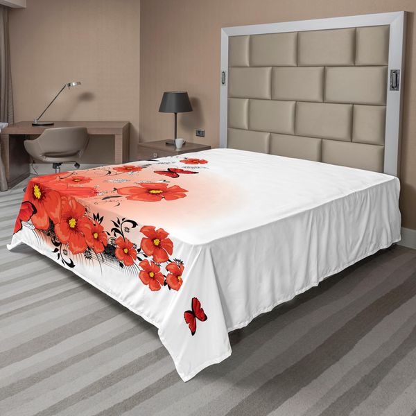 Abakuhaus Lenzuolo Con Motivo Papaveri, Sfondo Floreale Con Farfalle, Tema Ispirato Alla Speranza Della Stagione Primaverile, Lenzuolo Morbido E Confortevole Per Un Letto Decorativo, 1 Pezzo, 266 Cm X 260 Cm, Nero, Bianco E Rosso.-image