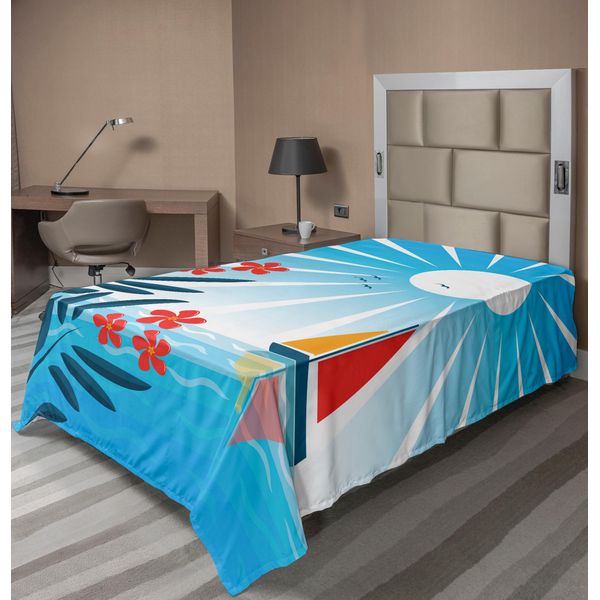 Abakuhaus Lenzuolo Nautico, Oleandro E Barca A Vela Nel Mare Sunny Day Gabbiani Tema Positive Life, Lenzuolo Morbido E Confortevole Per Un Letto Decorativo 1 Pezzo 260 Cm X 168 Cm, Blu Arancione Bianco-image