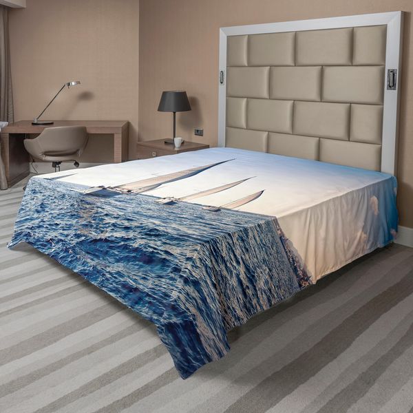 Abakuhaus Lenzuolo Nautico, Barche A Vela Da Regata Nel Mediterraneo Avventura Winner Sports Freedom Stampa Fotografica, Lenzuolo Morbido E Confortevole Per Un Letto Decorativo 1 Pezzo 244 Cm X 205 Cm, Blu Bianco-image
