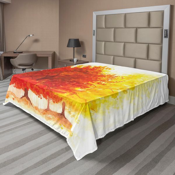 Abakuhaus Lenzuolo, Vari Alberi Autunnali Dai Colori Vivaci In Stile Acquerello Woodland Boho, Morbido E Confortevole Lenzuolo Superiore Per Un Letto Decorativo 1 Pezzo 244 Cm X 205 Cm, Giallo Arancione-image