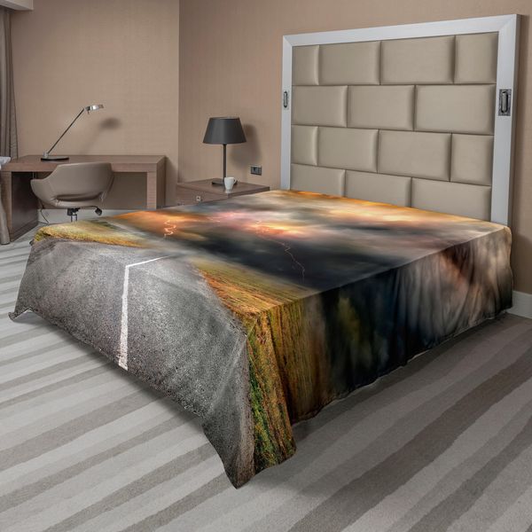 Abakuhaus Lenzuolo Naturale, Tempesta, Nuvole E Tuoni Sulla Strada Di Campagna Nel Campo Stampa Elettrica, Lenzuolo Morbido E Confortevole Per Un Letto Decorativo 1 Pezzo 266 Cm X 260 Cm, Arancione Grigio-image