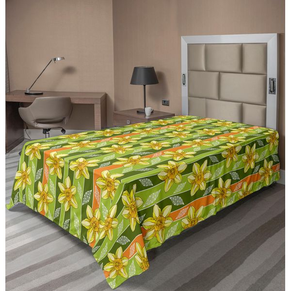 Abakuhaus Lenzuolo Narciso, Illustrazioni Moderne Di Narcisi, Vitalità Interiore, Tema Erbe Aromatiche, Lenzuolo Morbido E Confortevole Per Un Letto Decorativo, 1 Pezzo, 260 Cm X 168 Cm, Verde Giallo-image