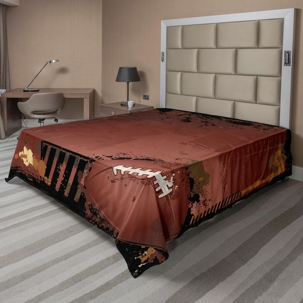 Abakuhaus Lenzuolo Sportivo, Tema Rugby Grunge Marrone Con Elementi Di Gioco, Immagine Artigianale Sportiva, Lenzuolo Morbido E Confortevole Per Un Letto Decorativo, 1 Pezzo, 260 Cm X 228 Cm, Marrone Nero-image