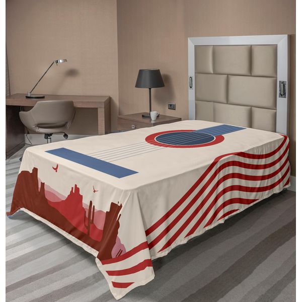 Abakuhaus Lenzuolo Musicale, Illustrazione Del Festival Di Musica Country Con Chitarra E Bandiera Stampata, Lenzuolo Morbido E Confortevole Per Un Letto Decorativo, 1 Pezzo, 260 Cm X 168 Cm, Crema, Rosso, Blu-image