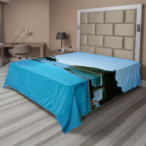 Abakuhaus Lenzuolo Decorativo, Vista Sulla Piscina Al Tramonto, Spiaggia Sull'oceano, Colori Vivaci, Foto, Lenzuolo Morbido E Confortevole Per Un Letto Decorativo, 1 Pezzo, 244 Cm X 205 Cm, Verde Turchese-image