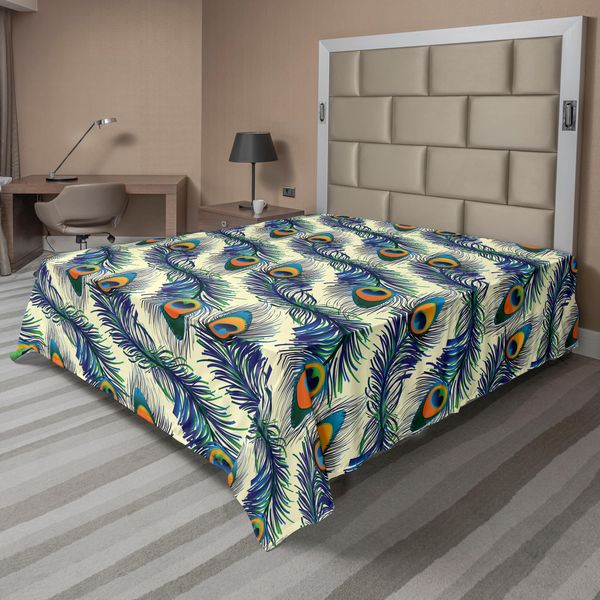 Abakuhaus Lenzuolo Peacock, Motivo Esotico Con Piume Di Pavone, Dettagli Decorativi In Stile Vintage, Lenzuolo Morbido E Confortevole Per Un Letto Decorativo, 1 Pezzo, 244 Cm X 205 Cm, Arancione, Verde, Blu-image