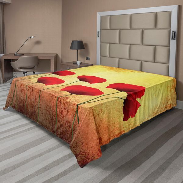Abakuhaus Lenzuolo Con Motivi Di Papaveri, Papaveri Su Sfondo Retrò Invecchiato, Design Floreale, Morbido E Confortevole Lenzuolo Superiore Per Un Letto Decorativo, 1 Pezzo, 260 Cm X 228 Cm, Giallo Chiaro E Rosso Scarlatto.-image
