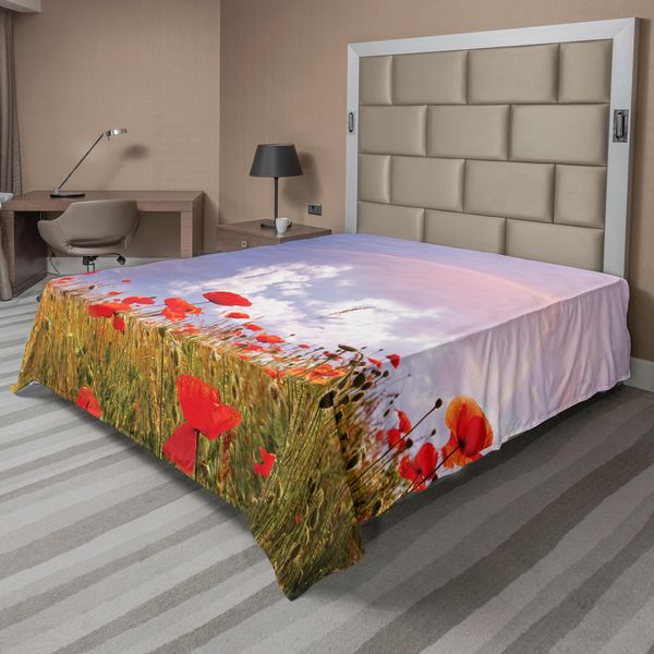 Abakuhaus Lenzuolo Con Papaveri, Prato Con Papaveri E Riflessi Arcobaleno Nel Cielo Magico Concetto Di Felicità, Lenzuolo Morbido E Confortevole Per Un Letto Decorativo 1 Pezzo 260 Cm X 228 Cm, Verde Blu Rosso-image