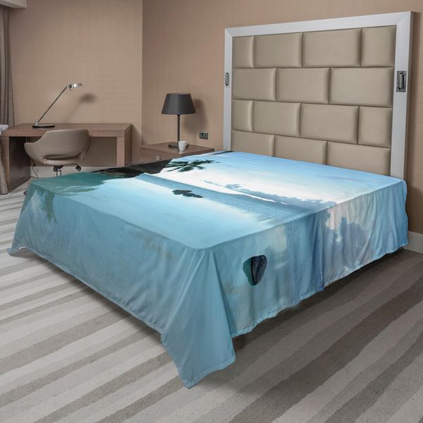 Abakuhaus Lenzuolo Paesaggistico, Piscina Parte Del Mare Natura Mistica Serena Con Vecchia Casa Di Legno Paesaggio, Morbido E Comodo Lenzuolo Superiore Per Un Letto Decorativo 1 Pezzo 266 Cm X 260 Cm, Marrone Blu-image
