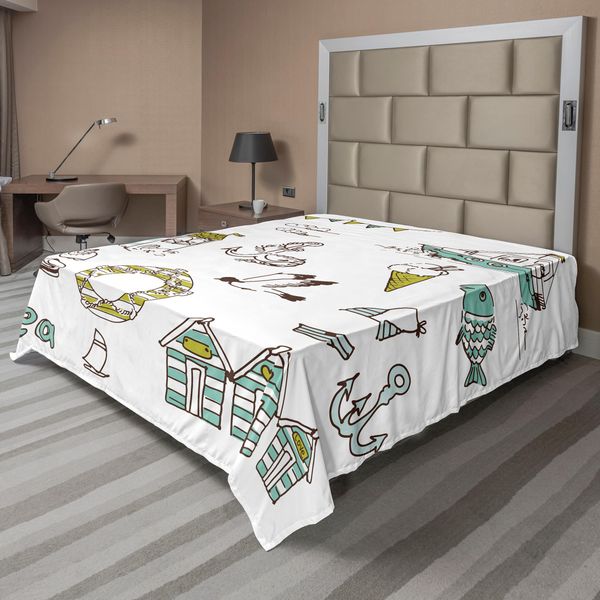 Abakuhaus Lenzuolo Nautico, Elementi Marini Pesci Faro Nave Costume Da Bagno Gabbiani Salvagente Stampa, Lenzuolo Morbido E Confortevole Per Un Letto Decorativo 1 Pezzo 275 Cm X 260 Cm, Verde Pallido Giallo-image