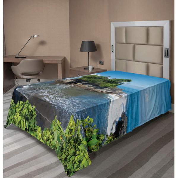 Abakuhaus Lenzuolo Balinese, Tempio Tanah Lot Sull'isola Di Bali, Oceano Increspato, Immagine Storica Dell'architettura, Lenzuolo Morbido E Confortevole Per Un Letto Decorativo, 1 Pezzo, 190 Cm X 100 Cm, Verde Blu-image
