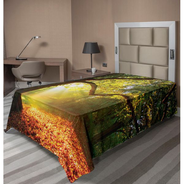 Abakuhaus Lenzuolo, Quercia Possente Con Foglie Sparse, Raggi Di Sole Nella Foresta, Stampa Naturale, Lenzuolo Morbido E Confortevole Per Un Letto Decorativo, 1 Pezzo, 260 Cm X 168 Cm, Arancione, Verde, Marrone-image