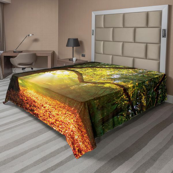 Abakuhaus Lenzuolo, Quercia Possente Con Foglie Sparse, Raggi Di Sole Nella Foresta, Stampa Naturale, Lenzuolo Morbido E Confortevole Per Un Letto Decorativo, 1 Pezzo, 260 Cm X 228 Cm, Arancione, Verde, Marrone-image