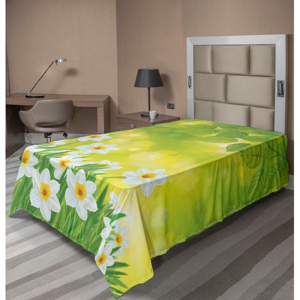 Abakuhaus Lenzuolo Narciso, Narcisi Su Rami Di Alberi Diversi Foglie Primaverili Foglie Stagionali Tema, Lenzuolo Morbido E Confortevole Per Un Letto Decorativo 1 Pezzo 260 Cm X 168 Cm, Verde Giallo-image