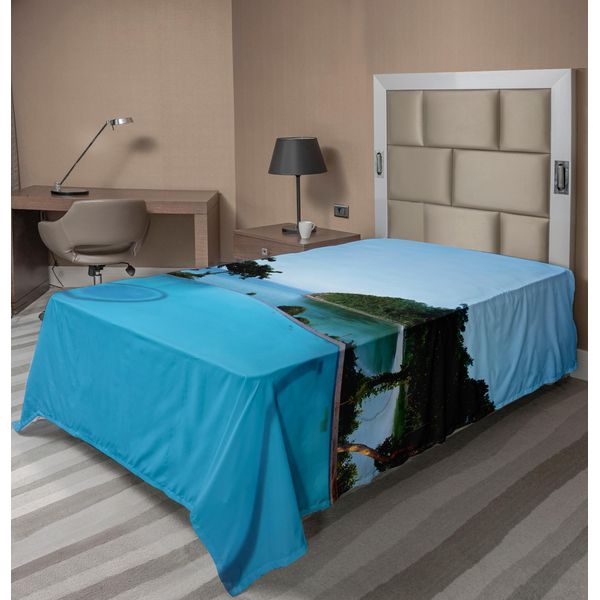 Abakuhaus Lenzuolo Paesaggistico, Vista Sulla Piscina Al Tramonto, Spiaggia Sulla Costa Oceanica, Colori Vivaci, Foto, Lenzuolo Morbido E Confortevole Per Un Letto Decorativo, 1 Pezzo, 260 Cm X 168 Cm, Verde Turchese.-image