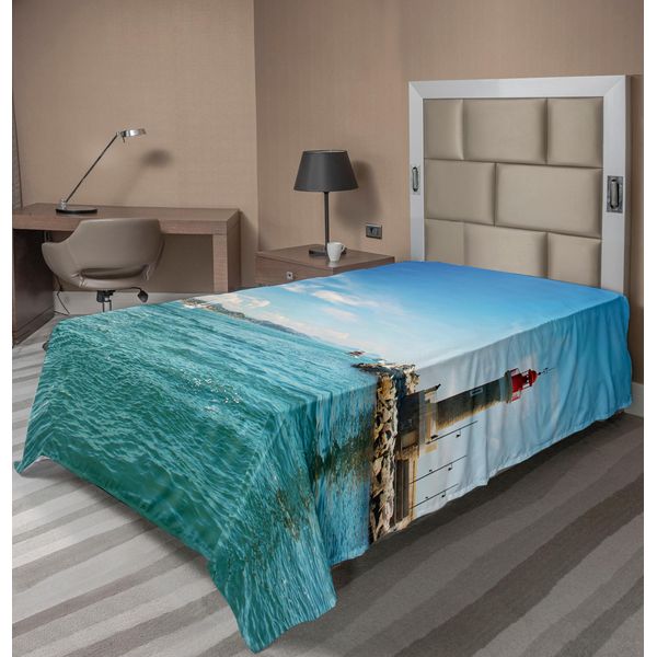 Abakuhaus Lenzuolo Con Faro, Giorno Sulla Spiaggia Barche A Vela Faro Altalene Mare Limpido Nuvole Isola, Morbido E Confortevole Lenzuolo Superiore Per Un Letto Decorativo 1 Pezzo 190 Cm X 100 Cm, Multicolore-image