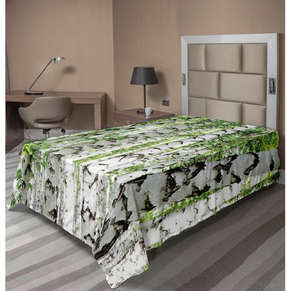 Abakuhaus Lenzuolo Da Letto Bosco, Betulle Nel Bosco Estate Natura Selvaggia All'aperto Con Motto Immagine, Lenzuolo Morbido E Confortevole Per Un Letto Decorativo 1 Pezzo 190 Cm X 100 Cm, Bianco Verde-image