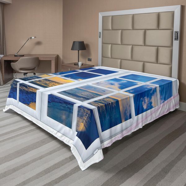 Abakuhaus Lenzuolo Paesaggio, Panorama Marino Dalla Finestra Con Tenda Aperta Horizon Silence Relaxing, Morbido E Confortevole Lenzuolo Superiore Per Un Letto Decorativo 1 Pezzo 244 Cm X 205 Cm, Blu Bianco-image