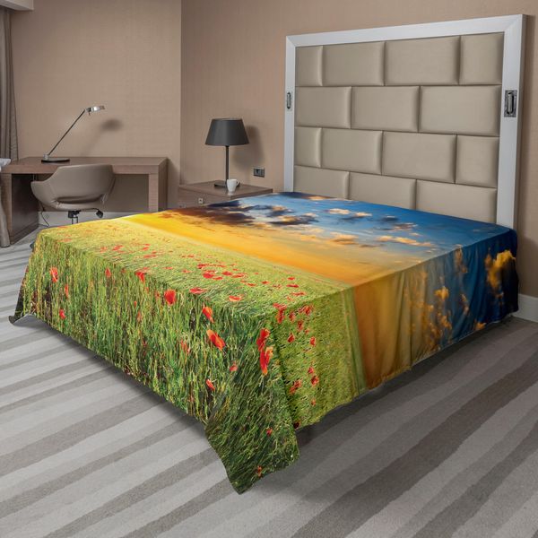 Abakuhaus Lenzuolo Con Papaveri, Cielo Rinfrescante Con Erba E Papaveri Contro L'orizzonte Al Tramonto, Lenzuolo Morbido E Confortevole Per Un Letto Decorativo 1 Pezzo 260 Cm X 228 Cm, Verde Blu Rosso-image