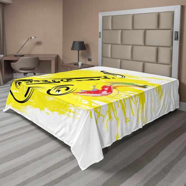 Abakuhaus Lenzuolo Jazz Music, Illustrazione Artistica Stilizzata Con Spruzzi Di Vernice Colorata Raffigurante Un Sassofono, Lenzuolo Morbido E Confortevole Per Un Letto Decorativo, 1 Pezzo, 260 Cm X 228 Cm, Giallo E Nero.-image