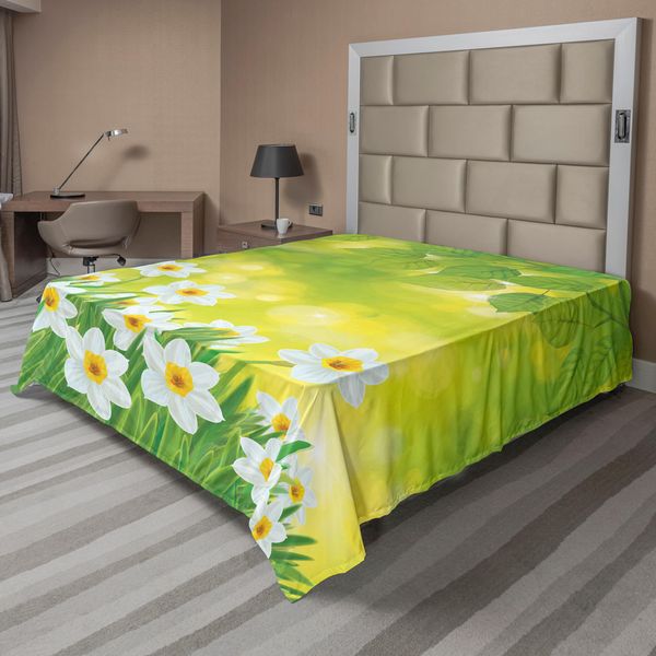 Abakuhaus Lenzuolo Narciso, Narcisi Su Rami Di Alberi Diversi Foglie Primaverili Foglie Stagionali Tema, Lenzuolo Morbido E Confortevole Per Un Letto Decorativo 1 Pezzo 275 Cm X 260 Cm, Verde Giallo-image