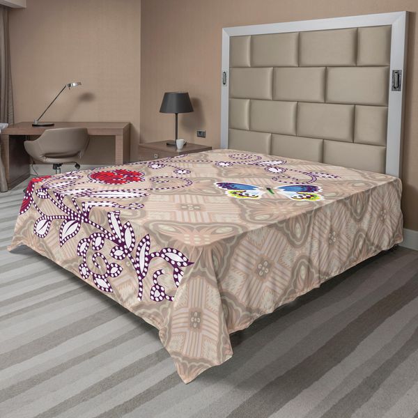 Abakuhaus Lenzuolo Batik, Corpi Floreali Con Rami Ricurvi E Farfalle Su Sfondo Retrò Con Stampa Grafica, Lenzuolo Morbido E Confortevole Per Un Letto Decorativo 1 Pezzo 260 Cm X 228 Cm, Multicolore-image