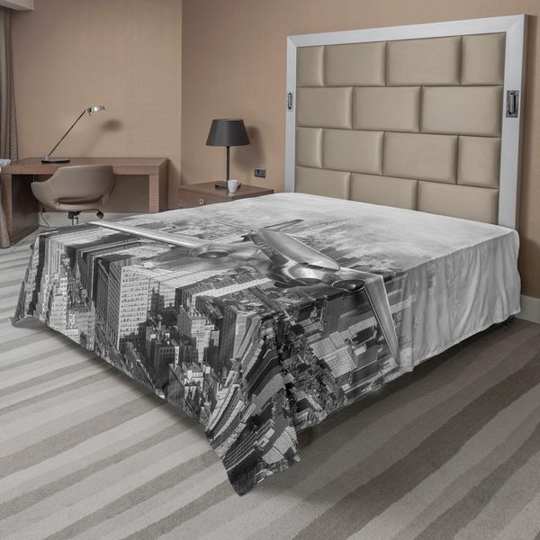 Abakuhaus Lenzuolo Vintage, Aereo, Sopra I Grattacieli Di New York City Urban Life Volare Stampa, Morbido E Confortevole Lenzuolo Superiore Per Un Letto Decorativo 1 Pezzo 266 Cm X 260 Cm, Bianco E Nero-image