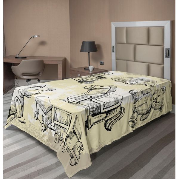 Abakuhaus Lenzuolo Vintage, Illustrazione Di Bambini Anziani In Stile Grunge Con Orsacchiotto, Treno, Palla, Infanzia, Lenzuolo Morbido E Confortevole Per Un Letto Decorativo, 1 Pezzo, 190 Cm X 100 Cm, Nero Beige-image