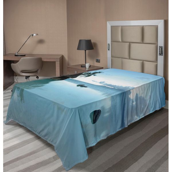 Abakuhaus Lenzuolo Paesaggio, Piscina Parte Del Mare Natura Mistica Serena Con Vecchia Casa Di Legno Paesaggio, Morbido E Confortevole Lenzuolo Superiore Per Un Letto Decorativo 1 Pezzo 190 Cm X 100 Cm, Marrone Blu-image