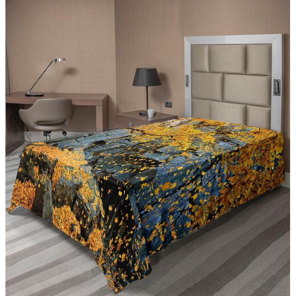 Abakuhaus Lenzuolo Con Foglie, Acero Canadese Foglie Che Cadono Circondato Da Rocce Scenografiche Stampa, Morbido E Confortevole Lenzuolo Superiore Per Un Letto Decorativo 1 Pezzo 190 Cm X 100 Cm, Arancione Grigio-image