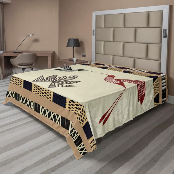 Abakuhaus Lenzuolo Colibrì, Immagine Bambù E Colibrì Motivo Geometrico Arte Tradizionale Tribale, Morbido E Confortevole Lenzuolo Superiore Per Un Letto Decorativo 1 Pezzo 260 Cm X 228 Cm, Marrone Nero-image