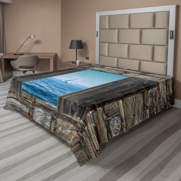Abakuhaus Lenzuolo Nautico, Immagine Di Una Barca A Vela Dalla Finestra Di Pietra, Prospettiva Stretta, Immagine Del Mediterraneo, Lenzuolo Morbido E Confortevole Per Un Letto Decorativo, 1 Pezzo, 244 Cm X 205 Cm, Grigio Blu-image