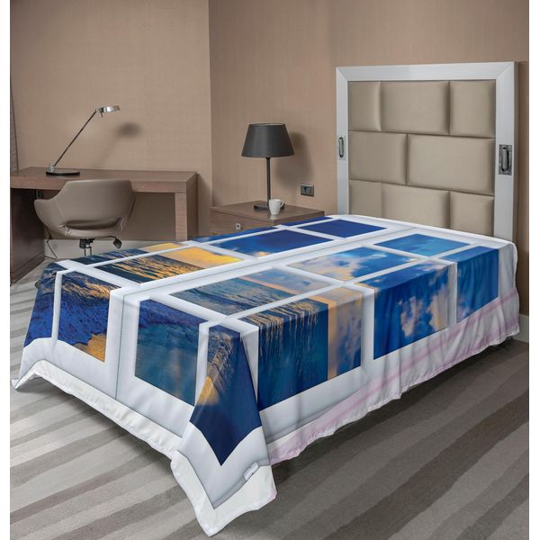 Abakuhaus Lenzuolo Con Paesaggio, Sul Paesaggio Marino Dalla Finestra Con Tenda Aperta Horizon Silence Relaxing, Morbido E Confortevole Lenzuolo Superiore Per Un Letto Decorativo 1 Pezzo 260 Cm X 168 Cm, Blu Bianco-image