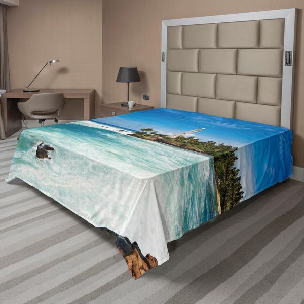 Abakuhaus Lenzuolo Con Faro, Isola Tropicale Con Faro, Palme, Altalene, Spiaggia Ondulata, Oceano, Lenzuolo Morbido E Confortevole Per Un Letto Decorativo, 1 Pezzo, 260 Cm X 228 Cm, Blu, Bianco, Verde-image