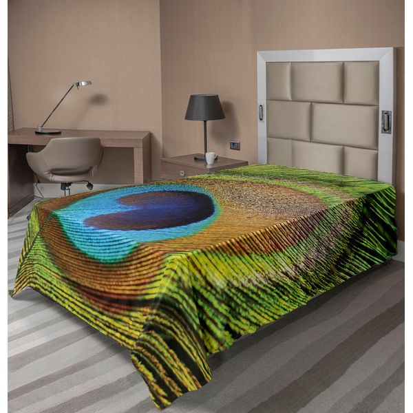 Abakuhaus Lenzuolo Peacock, Piuma Di Pavone, Primo Piano Degli Occhi, Immagine, Fauna Esotica, Morbido E Confortevole Lenzuolo Superiore Per Un Letto Decorativo, 1 Pezzo, 190 Cm X 100 Cm, Verde Acqua Senape-image