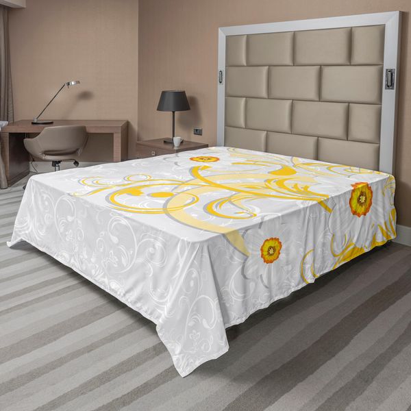 Abakuhaus Lenzuolo Narciso, Motivo Floreale Ripetuto Su Sfondo Di Narcisi, Curve Variabili, Motivo Primaverile, Lenzuolo Morbido E Confortevole Per Un Letto Decorativo, 1 Pezzo, 244 Cm X 205 Cm, Grigio Giallo-image