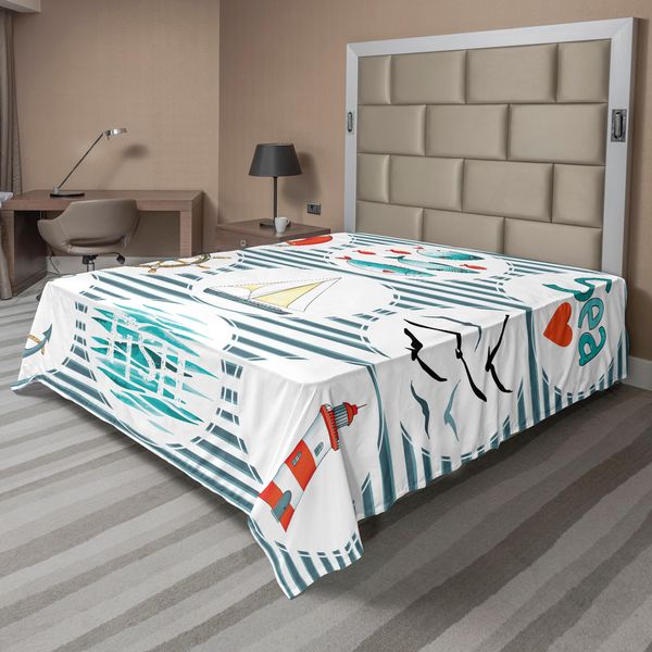 Abakuhaus Lenzuolo Nautico, Set Sea Con Pesci, Salvagente, Gabbiani, Faro, Tema Marittimo Ispirato Alla Marina, Lenzuolo Morbido E Confortevole Per Un Letto Decorativo, 1 Pezzo, 275 Cm X 260 Cm, Bianco, Rosso, Blu-image