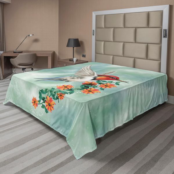Abakuhaus Lenzuolo Colibrì, Un Colibrì Vola Con Un Ramo Fiorito Illustrazione Floreale Naturale, Morbido E Confortevole Lenzuolo Superiore Per Un Letto Decorativo 1 Pezzo 244 Cm X 205 Cm, Arancione Verde-image