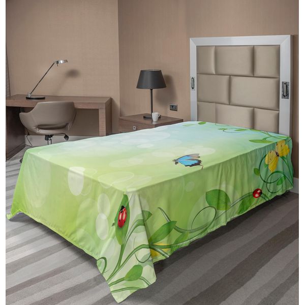 Abakuhaus Lenzuolo Con Coperte A Tema Primavera Con Coccinelle E Farfalle, Stampa Transformation Morph, Lenzuolo Morbido E Confortevole Per Un Letto Decorativo, 1 Pezzo, 260 Cm X 168 Cm, Verde Pallido-image