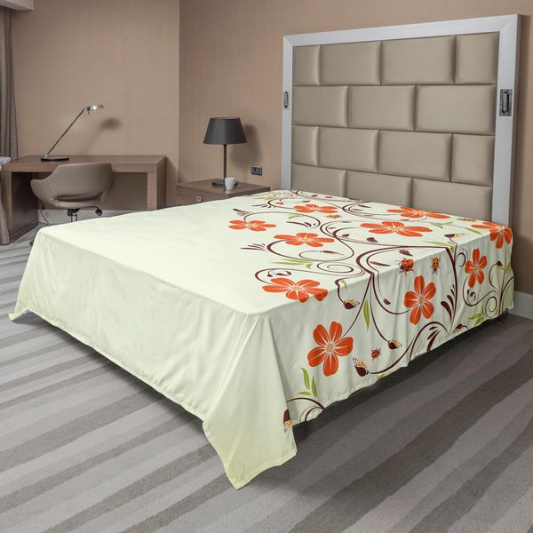 Abakuhaus Lenzuolo Con Coccinelle, Cornice Floreale Con Piccole Coccinelle E Motivo Primaverile A Spirale, Lenzuolo Morbido E Confortevole Per Un Letto Decorativo 1 Pezzo 260 Cm X 228 Cm, Verde Pallido Rosso-image