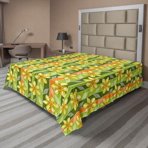 Abakuhaus Lenzuolo Narciso, Illustrazioni Moderne Di Narcisi, Vitalità Interiore, Tema Erbe Aromatiche, Lenzuolo Morbido E Confortevole Per Un Letto Decorativo, 1 Pezzo, 275 Cm X 260 Cm, Verde Giallo-image