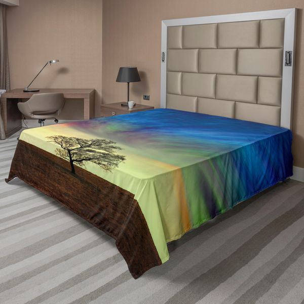 Abakuhaus Lenzuolo Con Albero, Unico Albero Sotto Un Cielo Colorato E Surreale, Arte Primaverile, Lenzuolo Morbido E Confortevole Per Un Letto Decorativo, 1 Pezzo, 275 Cm X 260 Cm, Marrone E Blu-image