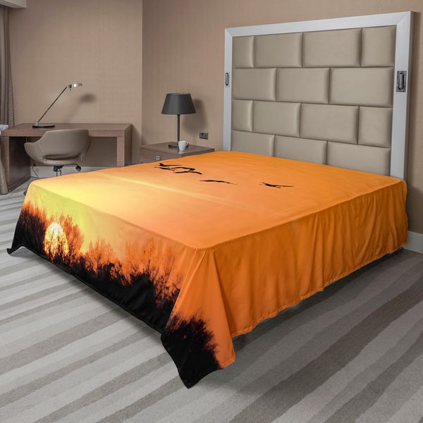 Abakuhaus Lenzuolo Con Uccelli, Migrazione Degli Uccelli Sul Deserto, Panorama Autunnale Al Tramonto, Stampa Serale, Lenzuolo Morbido E Confortevole Per Un Letto Decorativo, 1 Pezzo, 266 Cm X 260 Cm, Arancione E Nero.-image